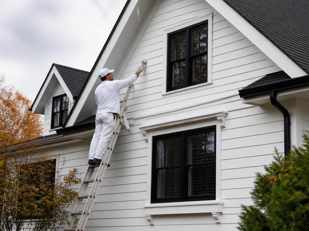 Peintre appliquant de la peinture sur le revêtement extérieur d'une maison